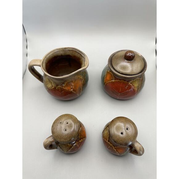 Vintage Ceramic Fall Leaf Pattern Cream Sugar Salt Pepper Unmarked - Picture 3 of 7